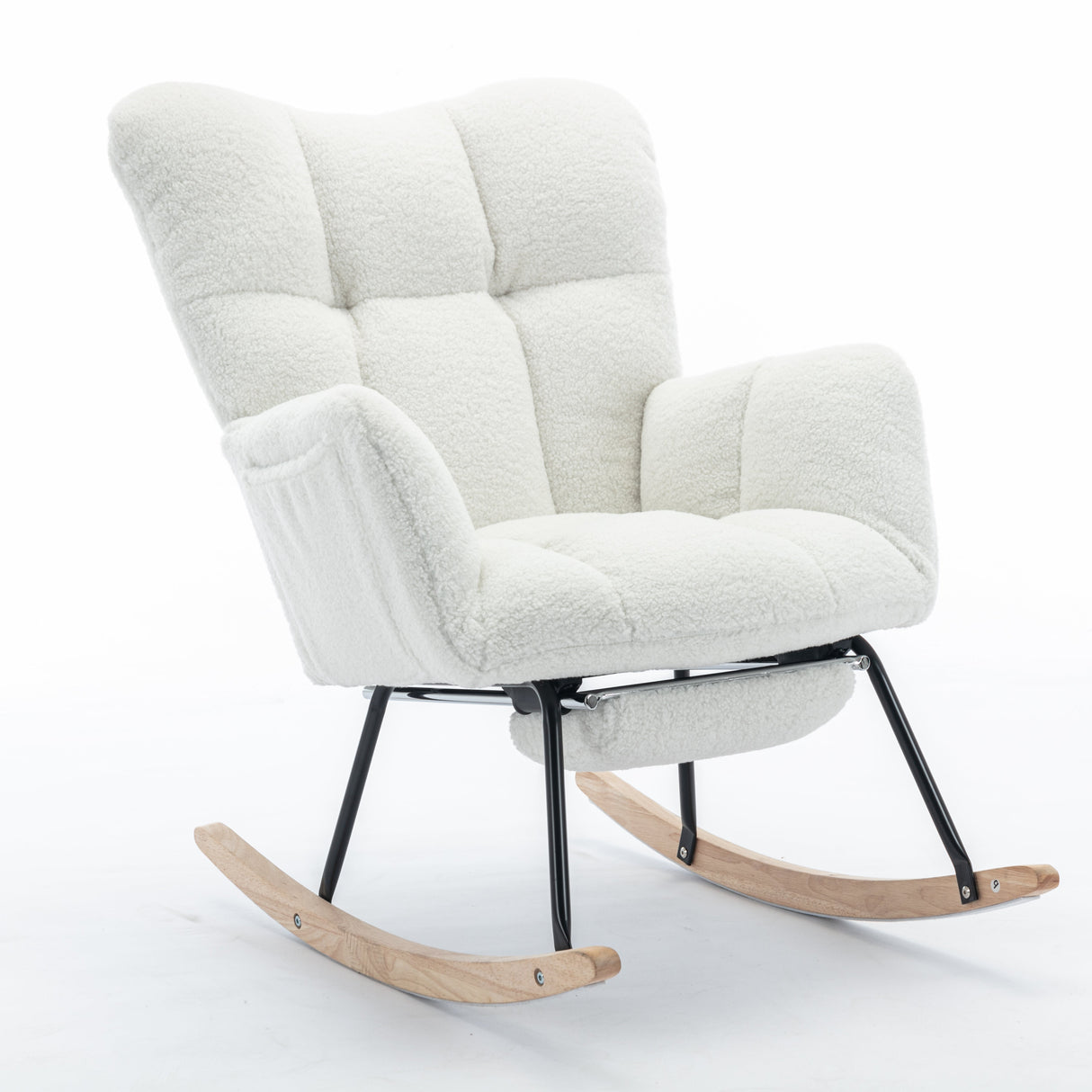 New Modern Teddy Fabric Tufted Upholstered Rocking Chair with Pull-Out Footrest, White