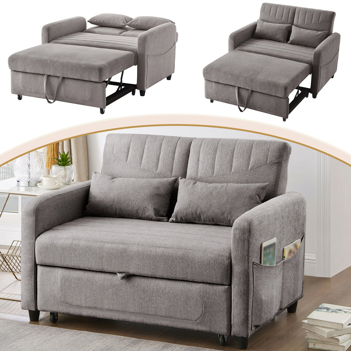 [Sofa Bed with Sleeping Function] Two-Seater Fold-Out Sofa, Pull-Out Design, Simple and Modern, Contemporary Style, Three-Level Adjustable Backrest, Breathable Cotton-Linen Fabric