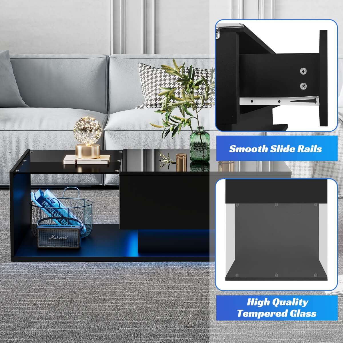 LED Coffee Table with Drawer - High Gloss, Glass Top, Black