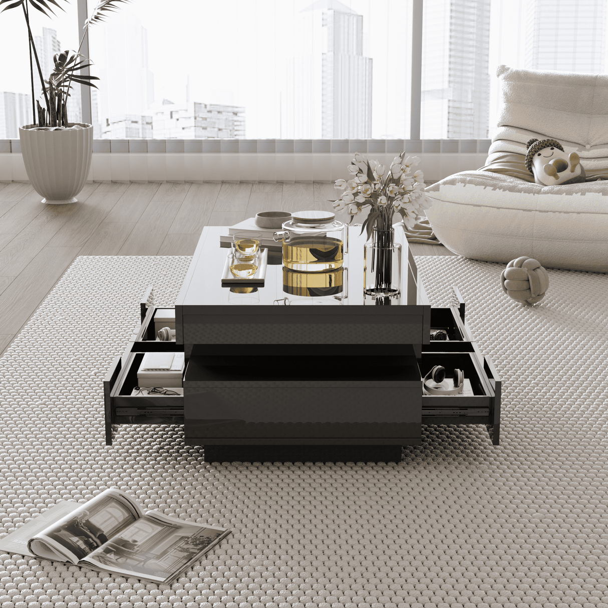 Coffee Table, High-Gloss, LED Light, Four Drawers, Large Storage, White