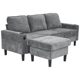 L Shaped Corner Sofa - 3 Seater Sectional Couch with USB & Cup Holder, Grey