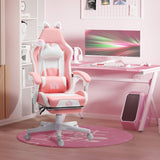 Cat Ear and Paw Office Chair with Footrest - Pink/White