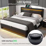 Upholstered bed 180 x 200 cm, Super King Size Bed-6ft,with USB port (supports wireless and wired charging), with LED lighting and storage space, without mattress, PU lychee pattern, black