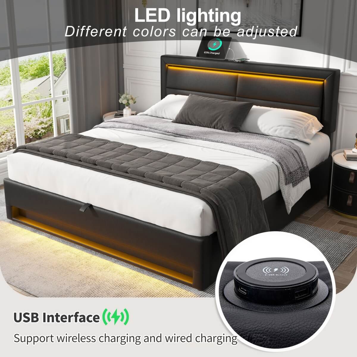 5ft King Size Upholstered LED Storage Bed - USB & Wireless Charging Bed Frame, Black