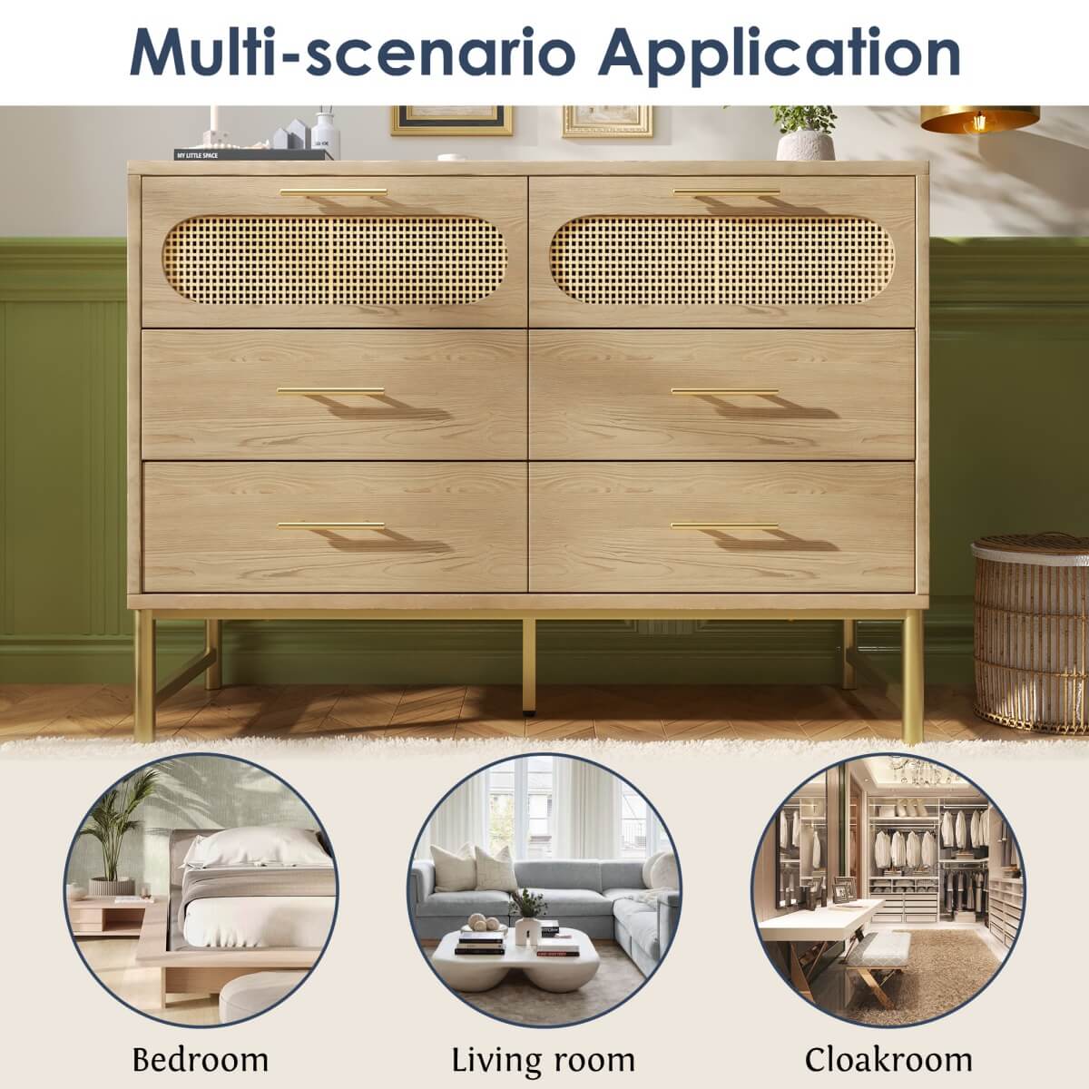 Rattan Sideboard Cabinet with 6 Drawers - Wooden Storage Cupboard for Living Room, Oak