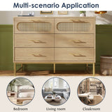 Rattan Sideboard Cabinet with 6 Drawers - Wooden Storage Cupboard for Living Room, Oak