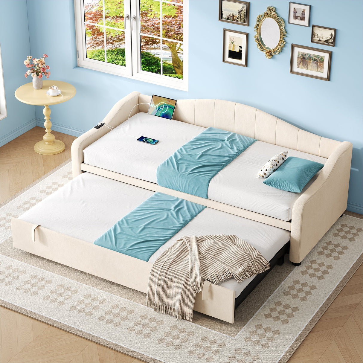 Upholstered Bed 90x190cm Daybed Sofa Bed with Charging Station, 3ft Single Velvet Bed with USB and Type-C Ports, Pull Out Trundle Bed, Beige