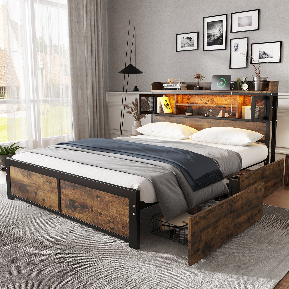 Metal Bed, 4ft6 Double 135x190cm with LED, 2 Drawers & 3 Charge Ports, Black/Wood
