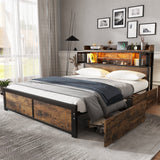 Metal Bed, 4ft6 Double 135x190cm with LED, 2 Drawers & 3 Charge Ports, Black/Wood