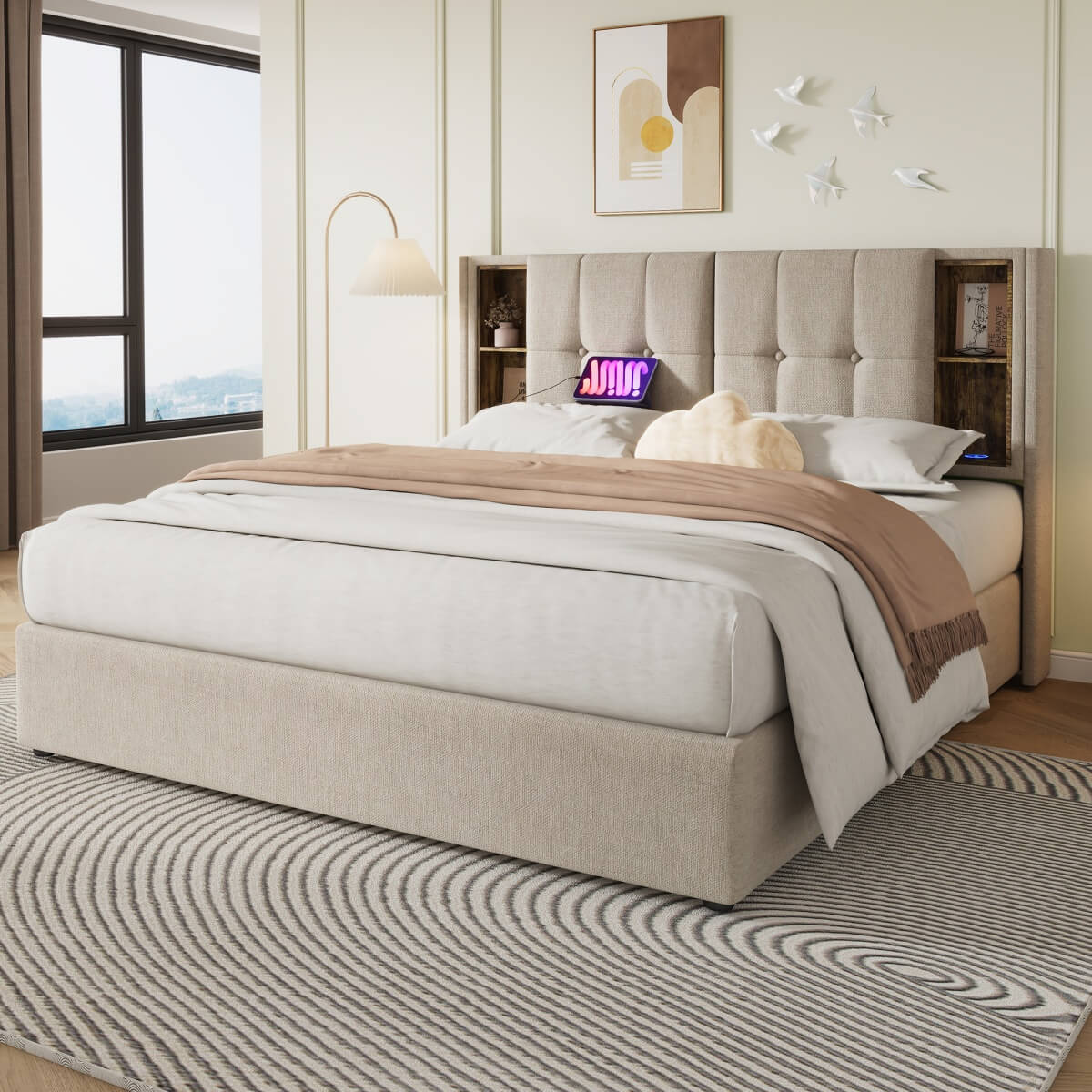 4ft6 Double Ottoman Bed Frame - Upholstered Storage Bed with Wireless Charging & USB C, Natural