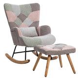 Fabric Rocking Chair with Ottoman - Wingback Accent Armchair with Wooden Legs