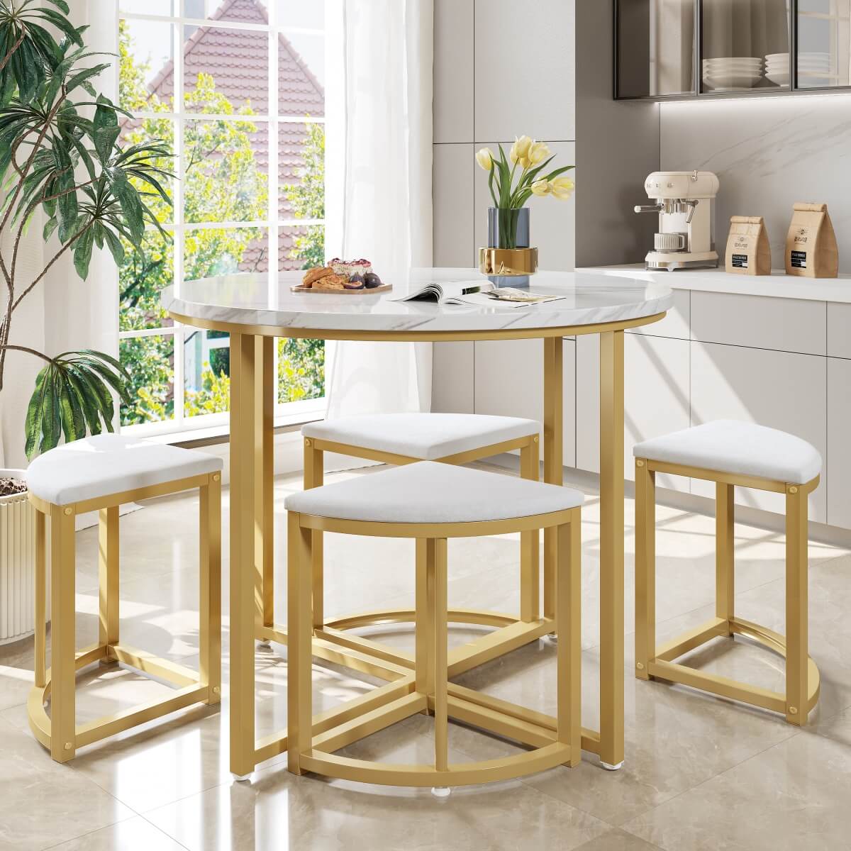 4 Seater Dining Table Set with Velvet Chairs - MDF Tabletop with Gold Iron Frame
