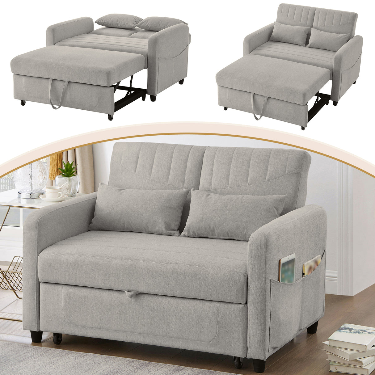 [Sofa Bed with Sleeping Function] Two-Seater Fold-Out Sofa, Pull-Out Design, Simple and Modern, Contemporary Style, Three-Level Adjustable Backrest, Breathable Cotton-Linen Fabric