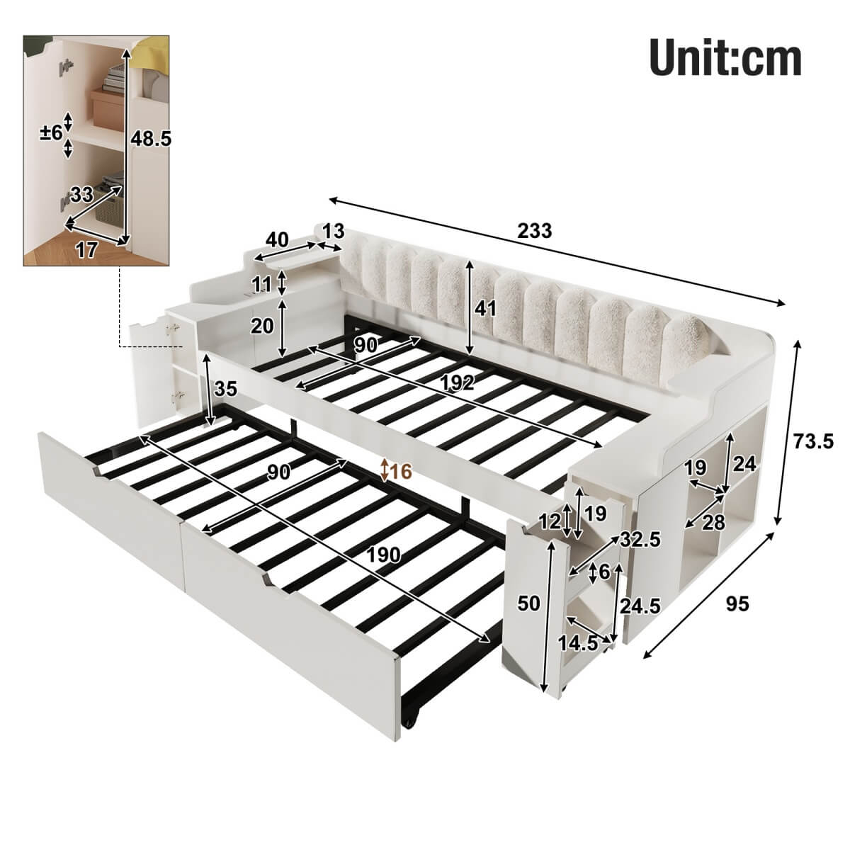 3ft Single Wooden Daybed with Pull-Out Trundle - Sofa Bed with Storage Cabinet and USB and Type-C Charging Station, White