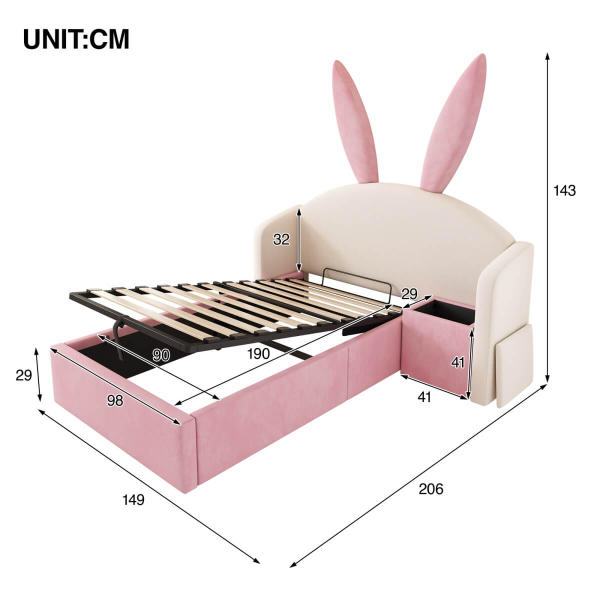 3ft Bunny Ears Kids Storage Bed with Hydraulic Lift & Bedside Shelf - Upholstered Single Bed, Beige & Pink