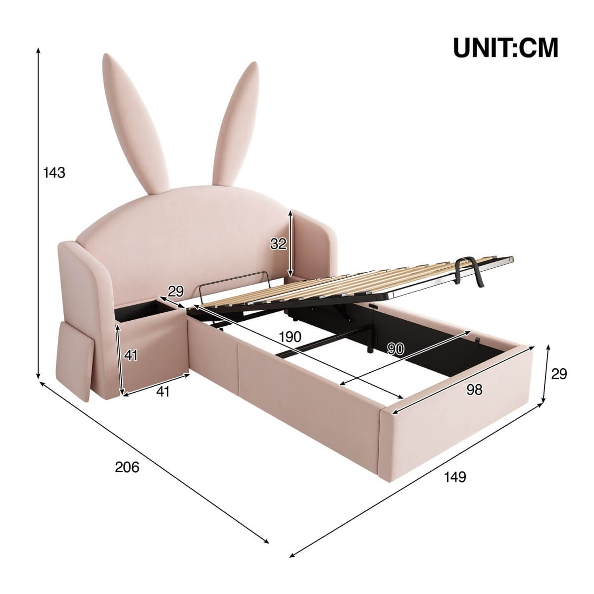 3ft Bunny Ears Kids Storage Bed with Hydraulic Lift & Bedside Shelf - Upholstered Single Bed, Rose