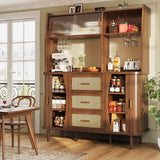 High-quality sideboard with rattan look and glass sliding doors, 174.5 cm high kitchen cabinet with storage space, natural wood/walnut look