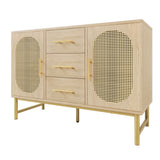 Rattan Sideboard Cabinet with 2 Doors & 3 Drawers - Wooden Storage Cupboard for Living Room, Oak