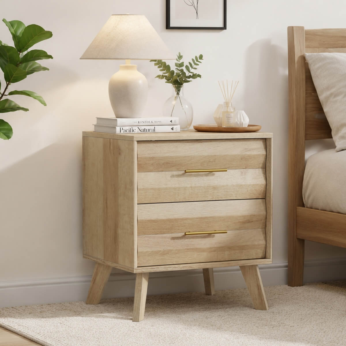 Single Bedside Table with 2 Drawers - Modern Bedroom Storage Cabinet with Metal Handles, Oak Effect