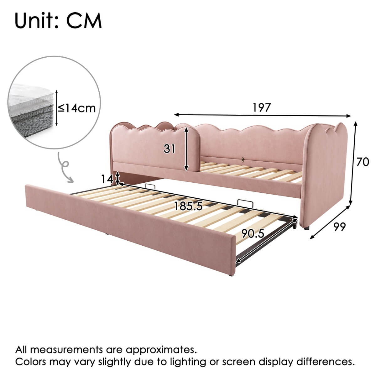 3ft Single Velvet Daybed with Pull-Out Trundle - Pink Upholstered Bed