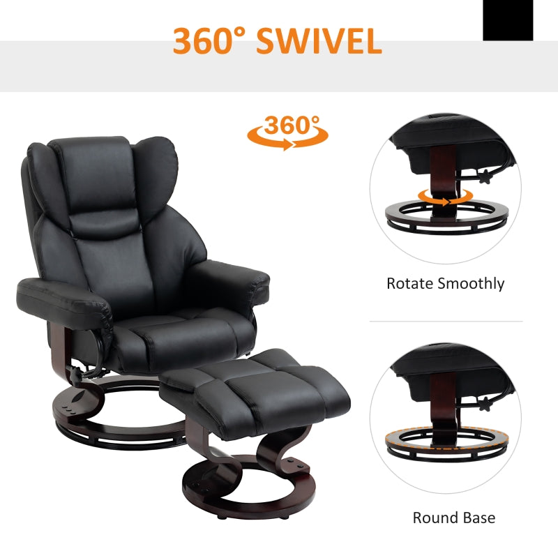 360?? Swivel Recliner Chair with Footstool, Manual Recliner Armchair, Black PU Leather