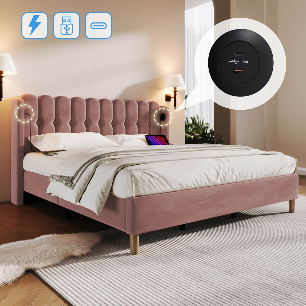 4ft6 Double Pink Velvet Bed – Upholstered Bed with USB & Type-C Charging for Teens & Gu est Rooms