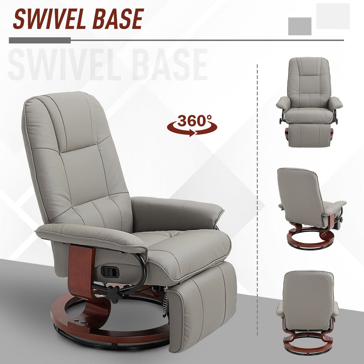360?? Swivel Recliner Chair with Footstool, Manual Recliner Armchair, Faux Leather, Grey