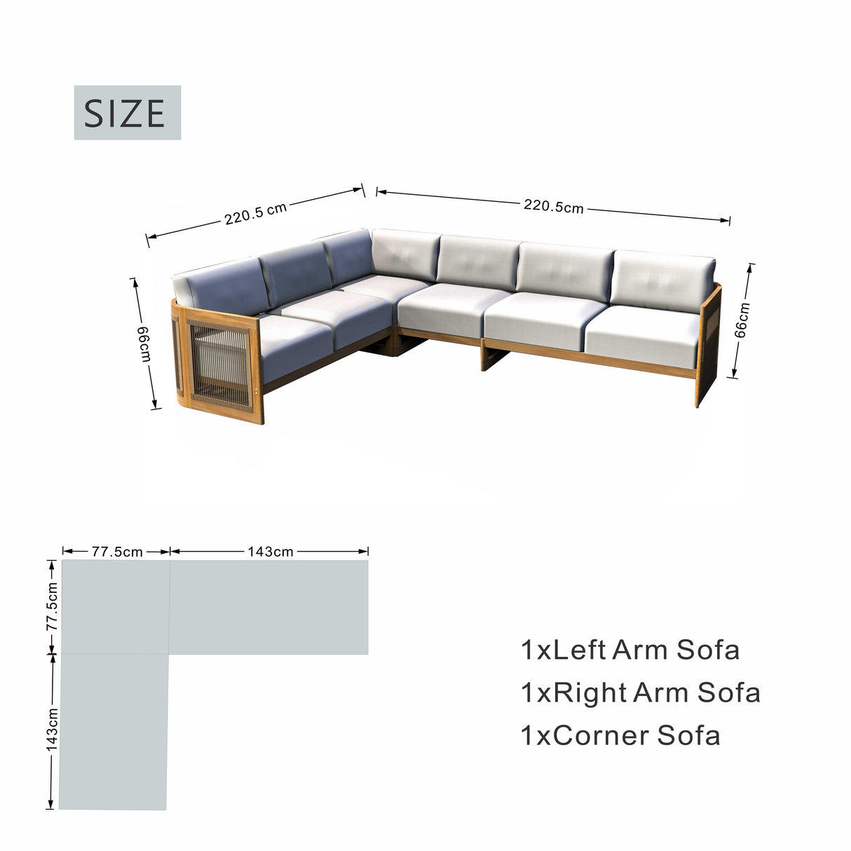 L-Shape 5-Seater Solid Acacia Modular Sofa Set with Cushions - Lounge Configuration (PAS-2516-LS+CS+MS+RS)