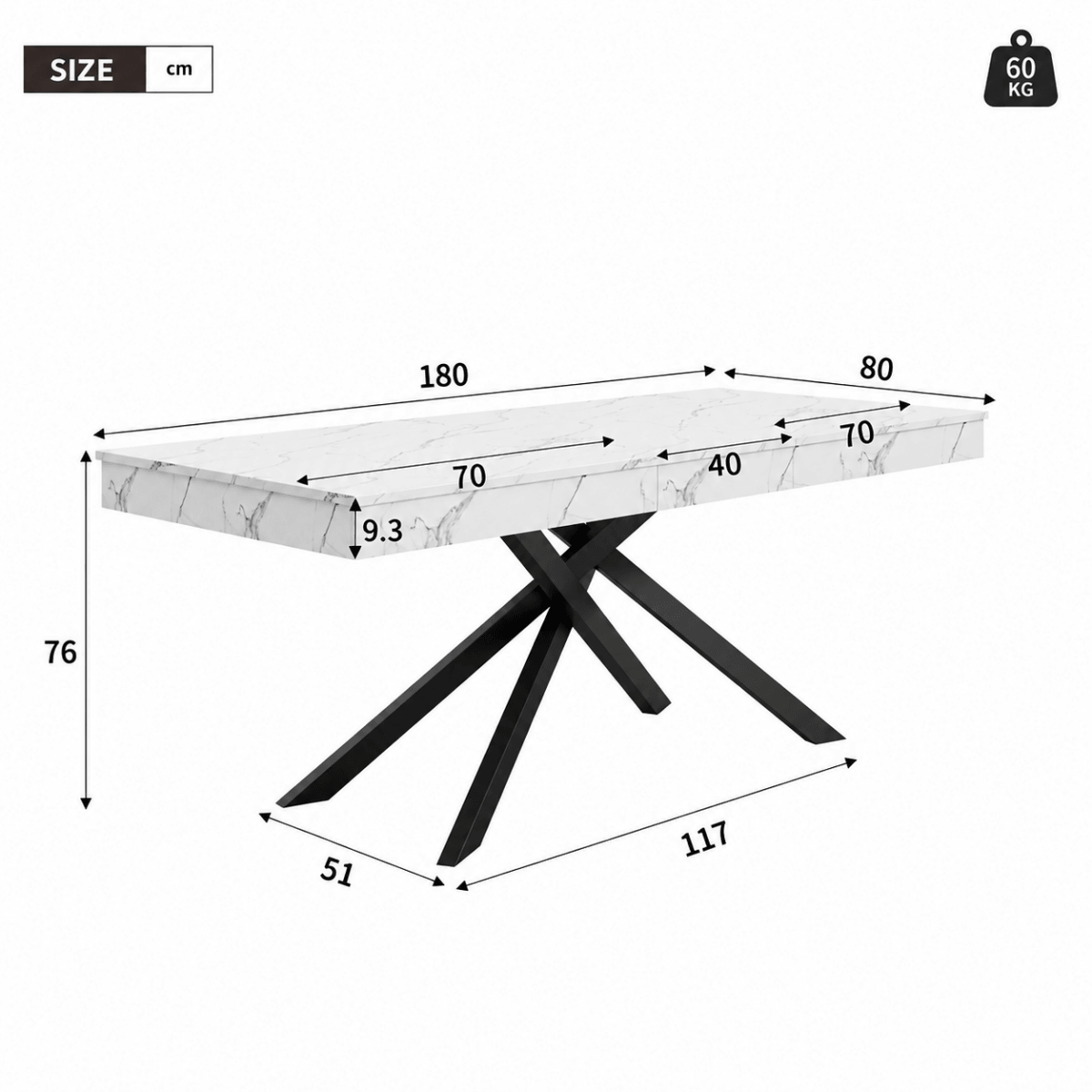 Extendable Dining Table for 6-8 - Modern Table with Marble Effect Tabletop & Metal Cross Legs, Rectangular Kitchen & Dining Room Table, White