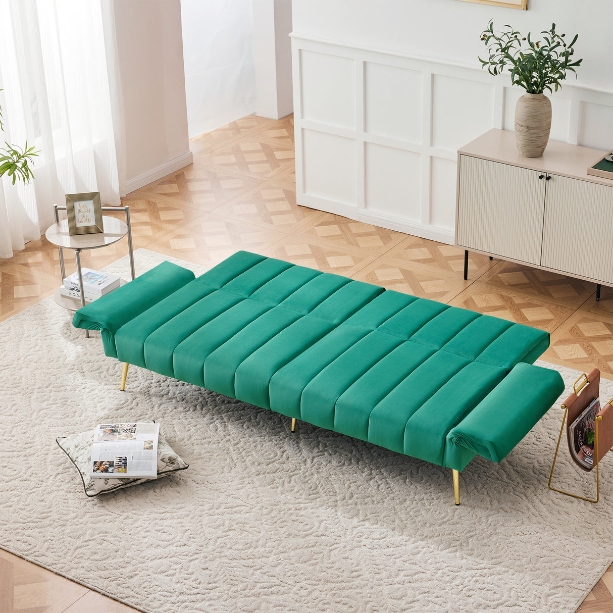 Modern Adjustable Velvet Sofa Bed with MultiPosition Backrest & Armrests, Metal Legs, Convertible Sleeper Function, Ideal for Living Room, Bedroom, Home Theater & Guest Room, Green, Video Included
