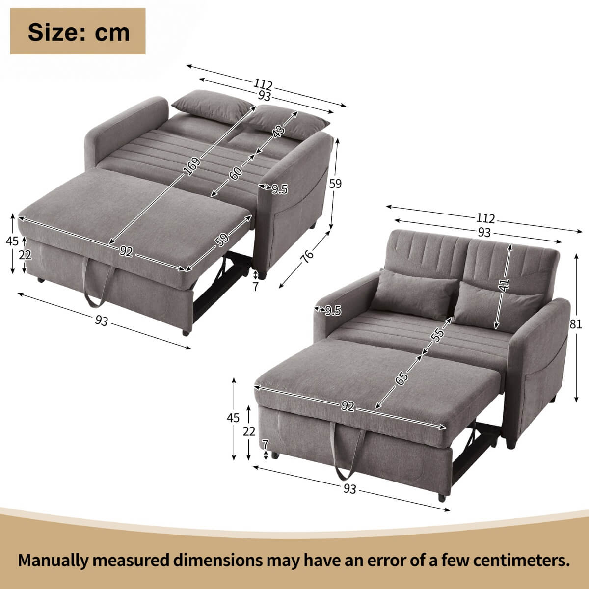 2 Seater Pull-Out Sofa Bed with Adjustable Backrest - Convertible Sleeper Sofa, Cotton Linen Fabric, Dark Gray