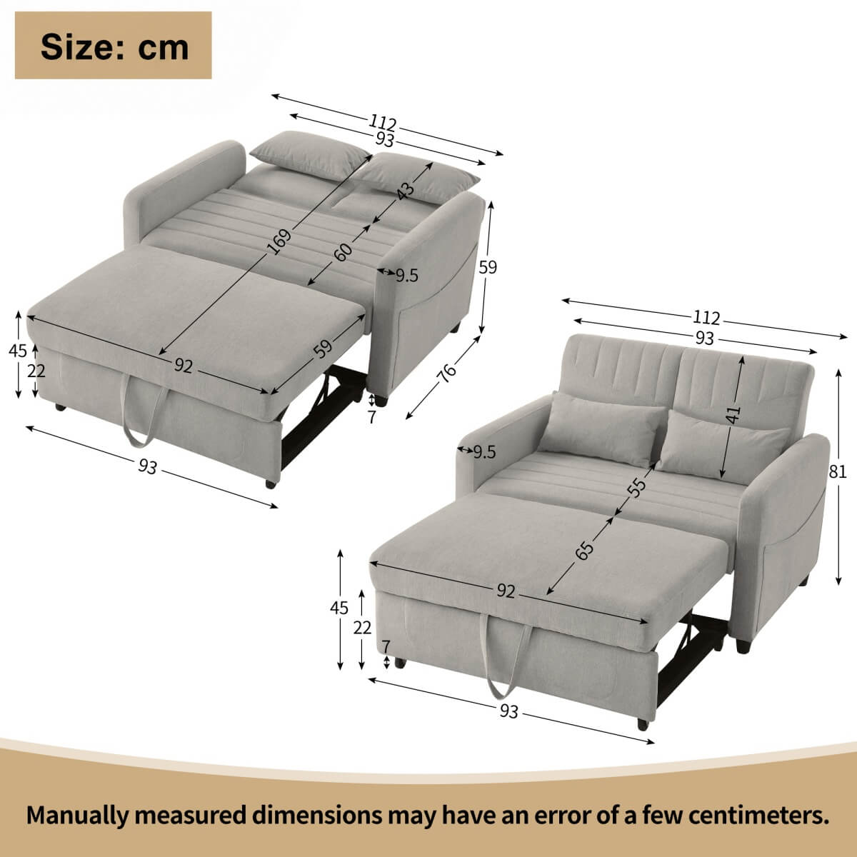 2 Seater Fold-Out Sofa Bed with Sleeping Function - Pull-Out Sleeper Sofa, 3-Level Adjustable Backrest, Cotton Linen Fabric, Light Gray
