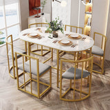 6 Seater Dining Table Set – White Table with Grey Upholstered Chairs, Gold Metal Frame, Modern Dining Room Furniture Set