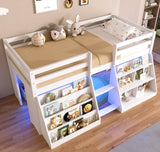 3ft Single Low Loft Bed with LED Light, Wooden Bed Frame with Stairs, Bookcase, Storage Shelf and Under-bed Play Space, Modern Bed with Safety Guardrail, Saving-space Design, White (No Mattress)