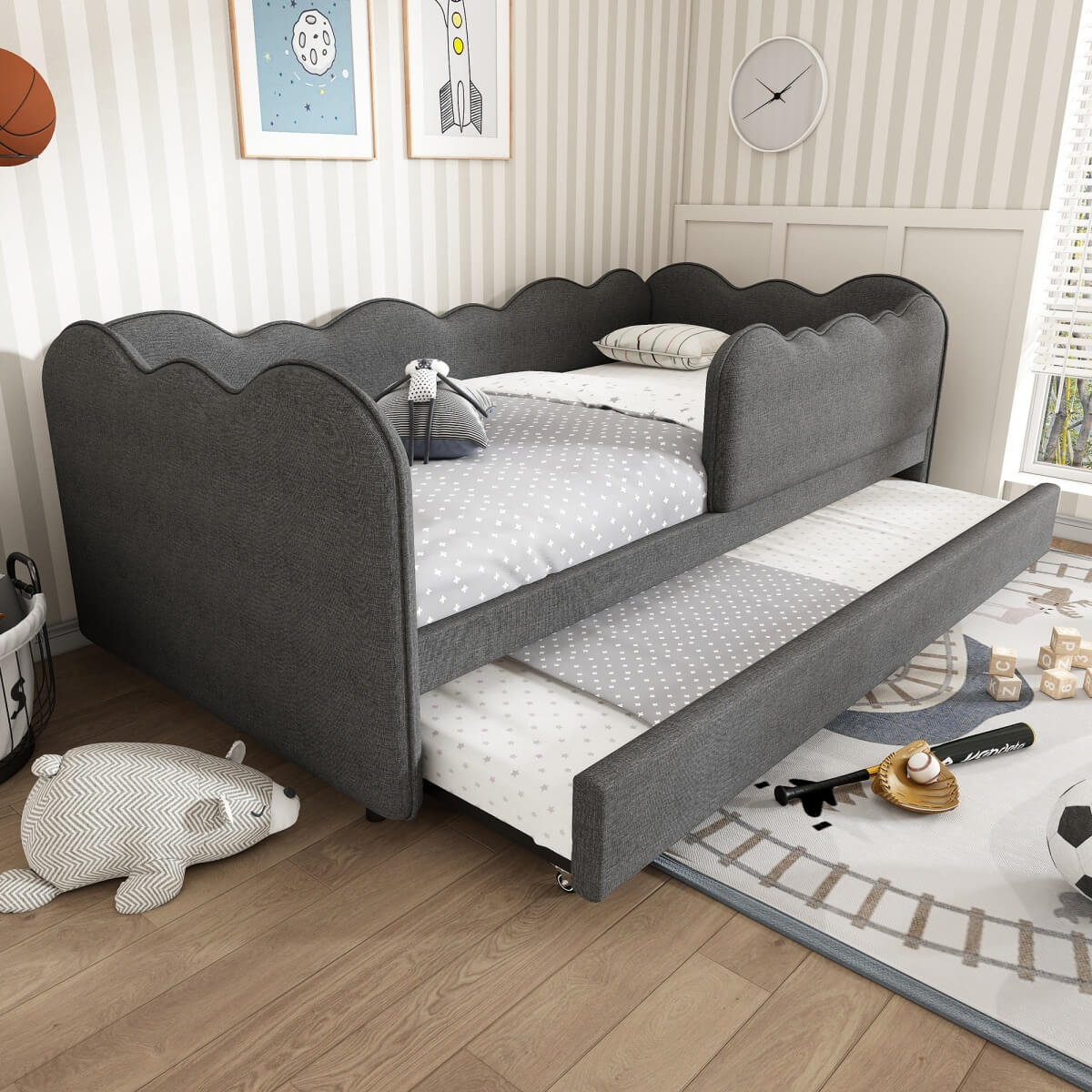 3ft Single Upholstered Daybed with Pull-Out Trundle - Linen Grey Bed for Adults & Children