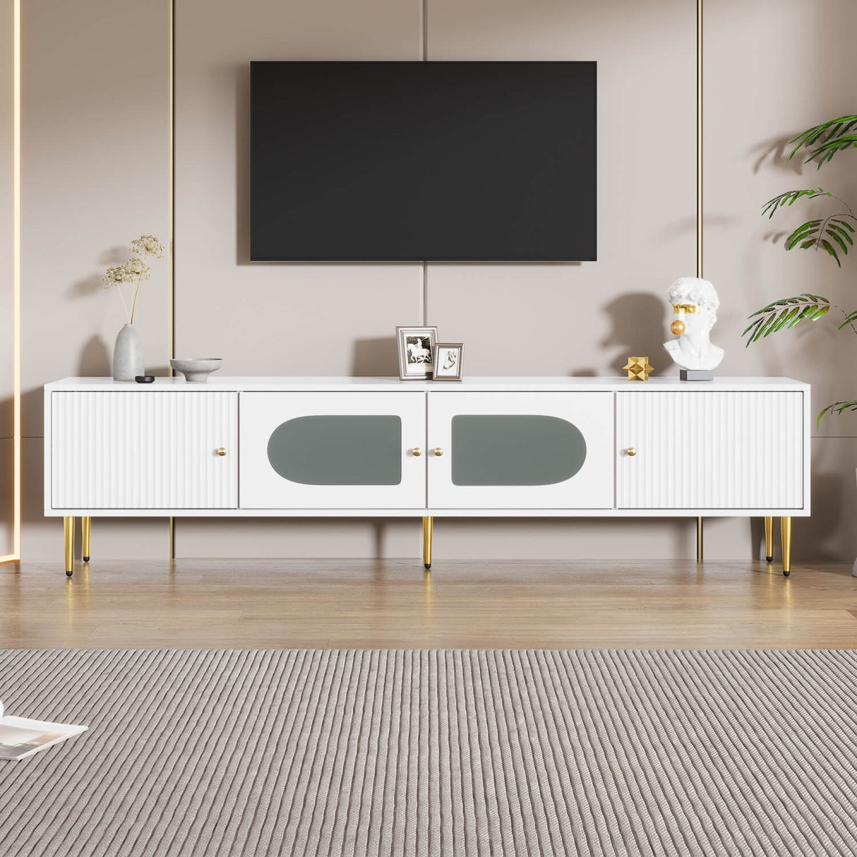 Modern TV Stand with Storage - 4 Door TV Cabinet with Glass Doors, Fits up to 70 Inch TV