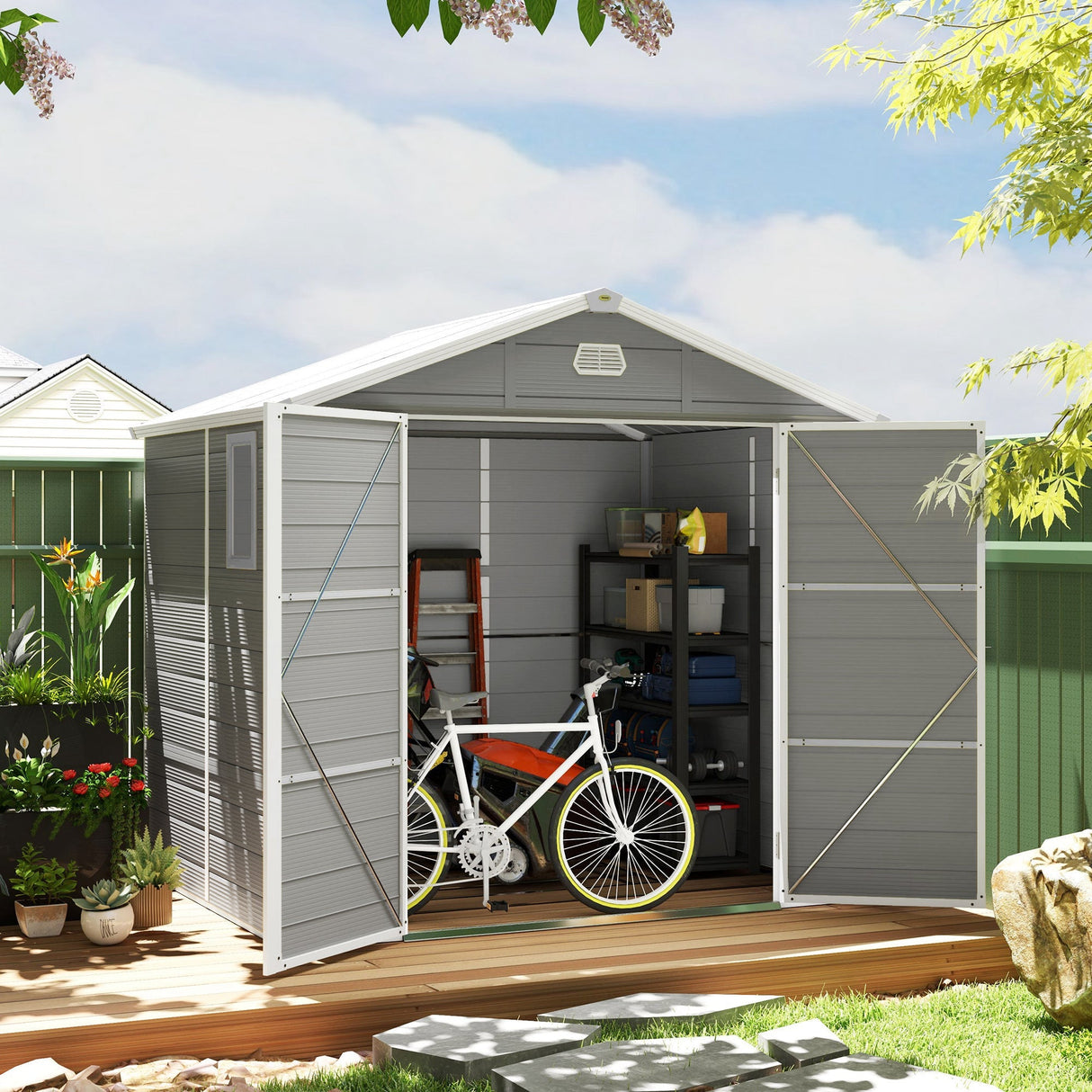 Aluminium Frame and Plastic Wall Shed, 7.9ft x 6.2ft with Foundation - Light Grey