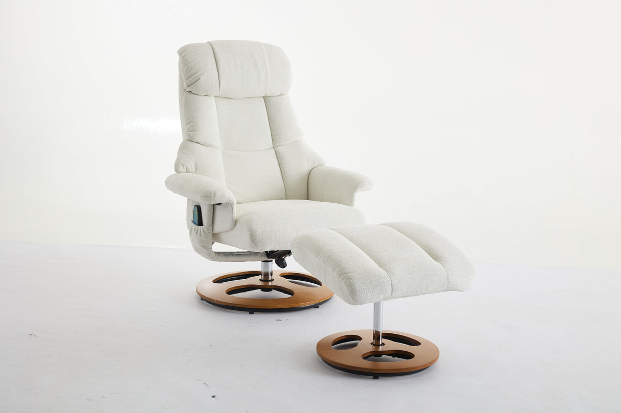 Chenille Upholstered Massage Recliner with Ottoman Footstool, 5 Points Massager, White