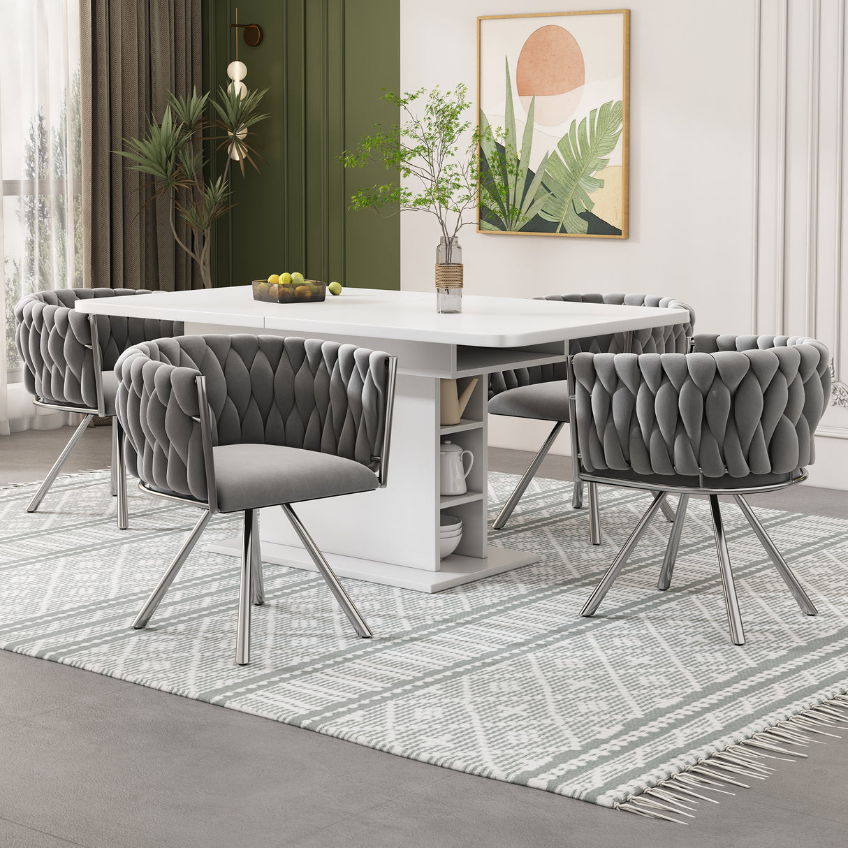 Set of 4, velvet dining chair, single light luxury living room bedroom swivel chair, Leisure swivel chair with four metal support legs, grey+silver
