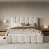 4ft6 Double Upholstered Bed with Hydraulic Storage - White Bouclé Bed Frame with Padded Headboard & Slatted Base