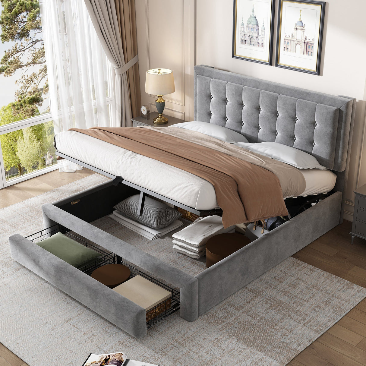 Upholstered Bed, 4ft6 Double (135x190cm) with Large Storage Space, Slats & Headboard, Grey Velvet