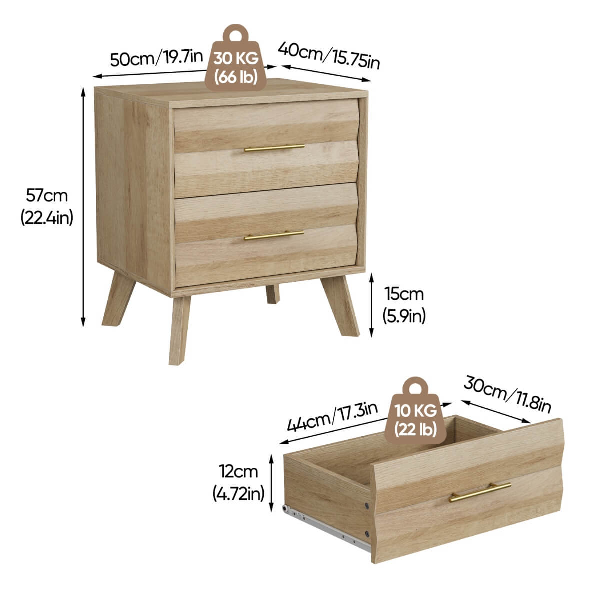 Single Bedside Table with 2 Drawers - Modern Bedroom Storage Cabinet with Metal Handles, Oak Effect