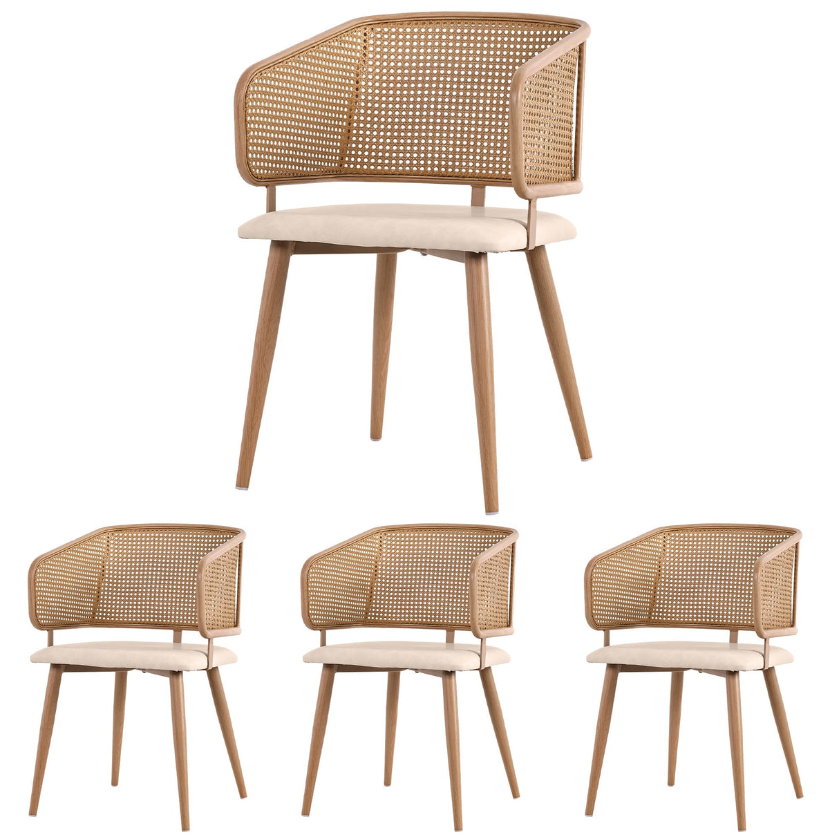Modern Dining Chairs (4 pcs) with Rattan Backrest & PU Leather Seat, Beige