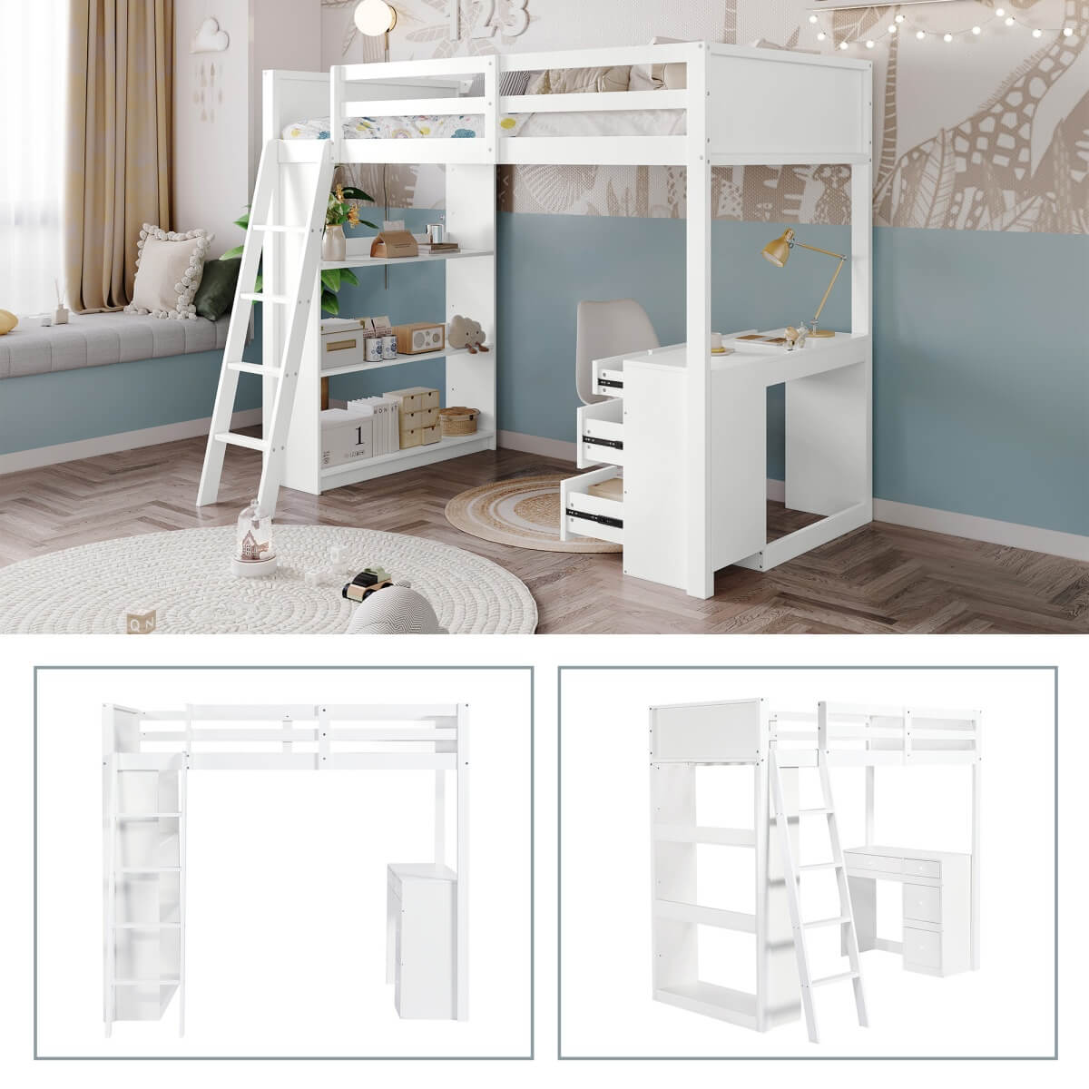 3ft Kids Bunk Bed with Desk & Storage – White Wooden Bed with 4-Step Ladder, Drawers & Shelves