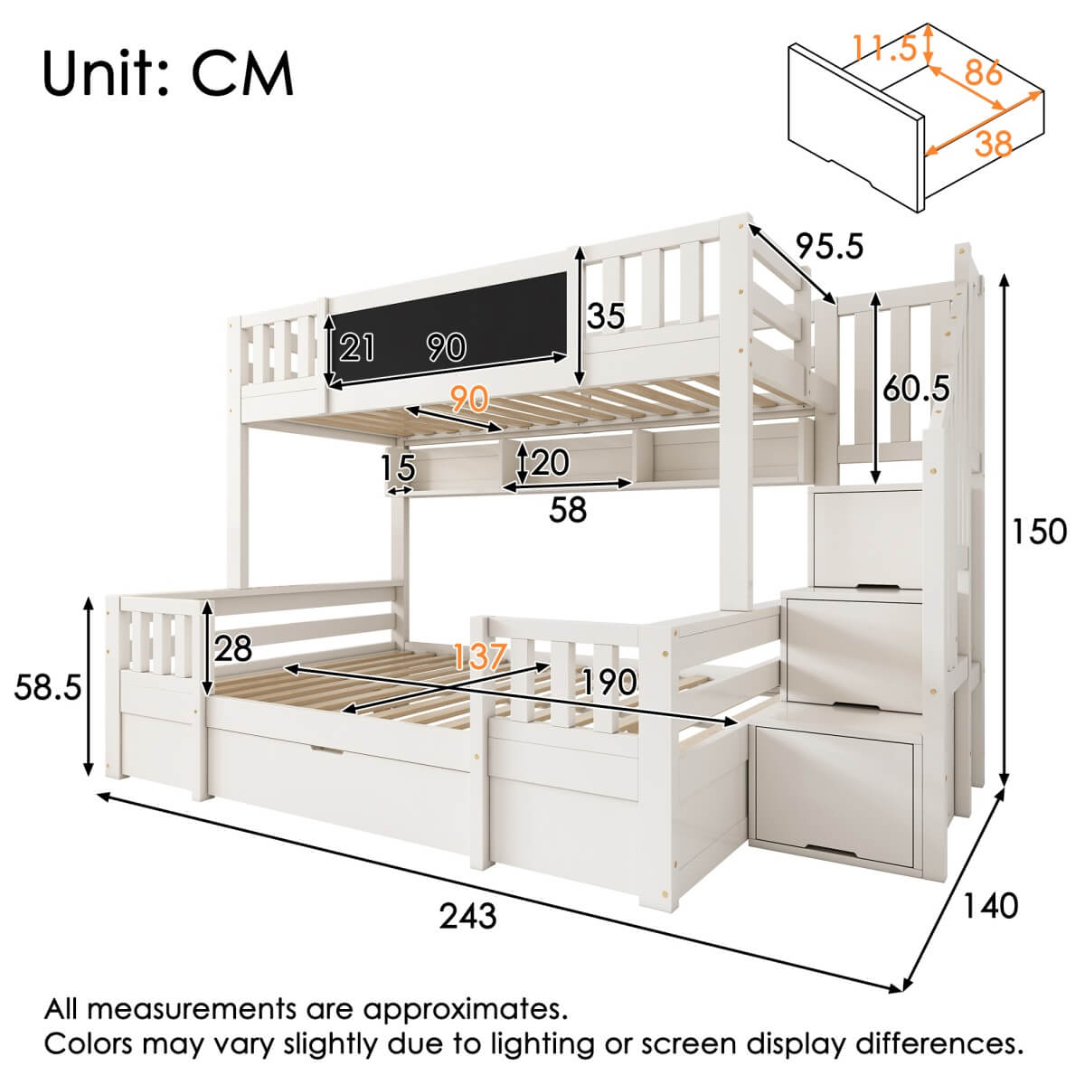 Solid Wood Kids Bunk Bed with Staircase – 90×190cm Top & 135×190cm Bottom, Storage Drawers and Chalkboard