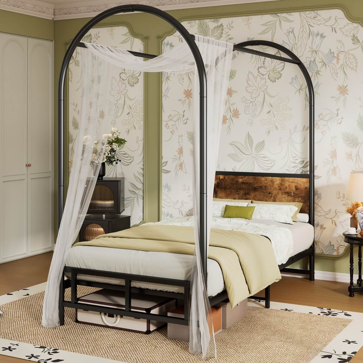 3ft Single Metal Canopy Bed - Sturdy Iron Bed Frame for Adults & Teenagers, Black & Wood