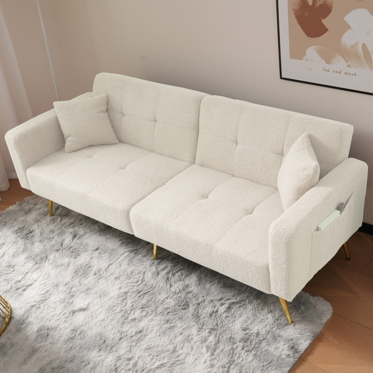 Convertible Sofa Bed - Adjustable Recliner Sofa with Gold Legs and Side Storage Pockets, White