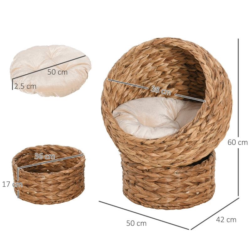 Wicker Cat Bed, Raised Rattan Basket with Washable Cushion - Brown
