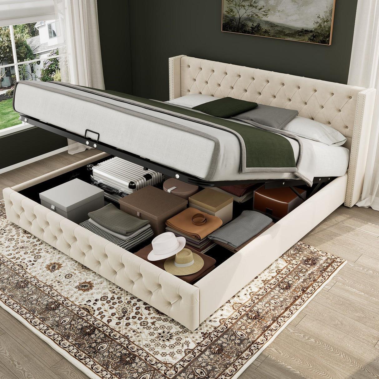 Upholstered Bed, Hydraulic Lift & Storage, 150x200cm Velvet, Beige