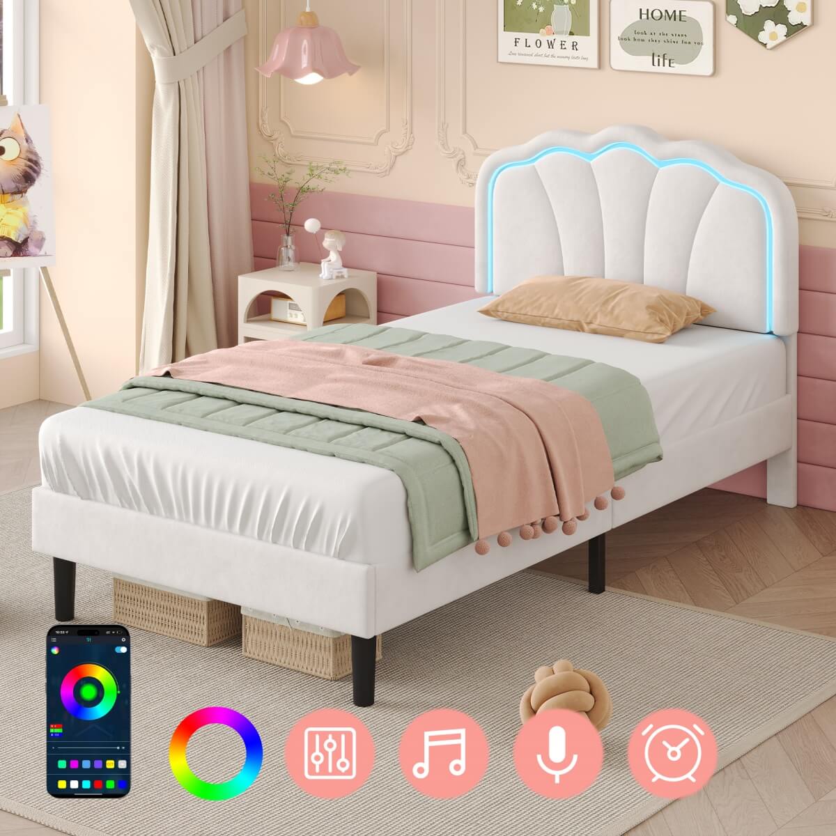 3ft Single LED Upholstered Bed – Velvet Bed Frame with Shell Headboard